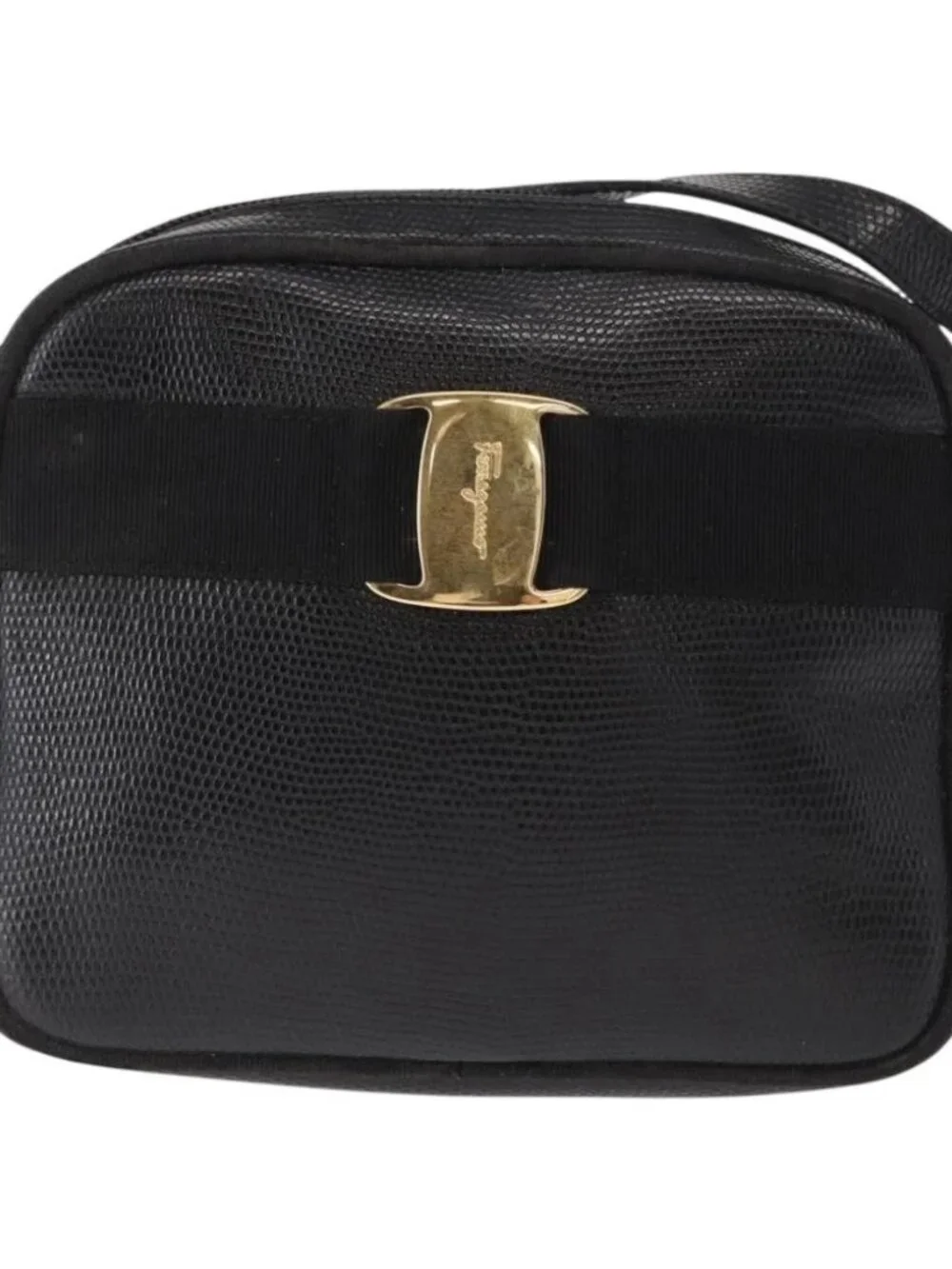 Salvatore Ferragamo Vala Shoulder Bag Leather Black Gold Auth gh1483